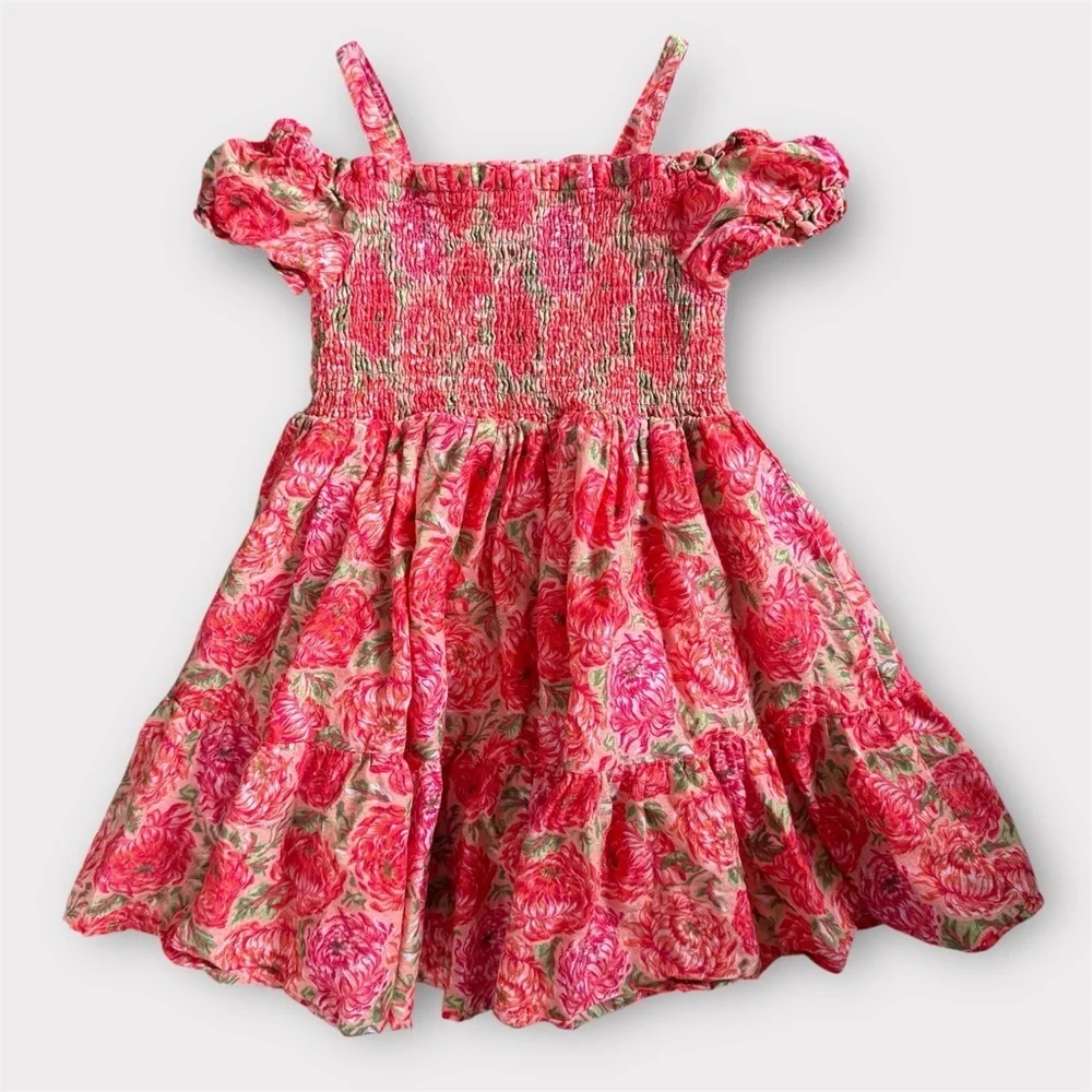 Haute Hippie Girl Floral Smocked Dress 3T Pink Tiered Ruffle Twirl Roses Easter